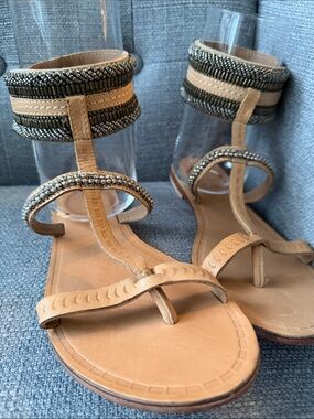 Anthropologie Jasper & Jeera Tan Embellished Ankle-Strap Sandals 7.5/8 
EU 38